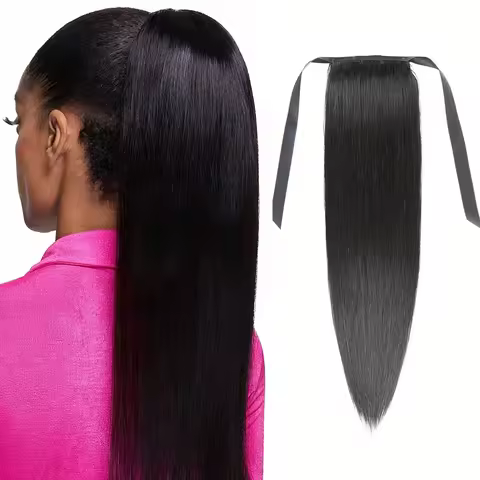 Ribbon Ponytail Straight Human Hair Straight Ponytail Extensions For Women 10-30In Tie Up Tail Hair 