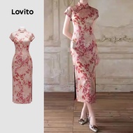 Lovito Elegant Dress Button Split Spring/summer Red Dress for Women LK2ED448 Lovito Gaun Elegan Buta