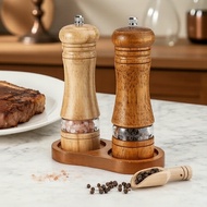 Manual Spice Mill Set, Adjustable Grind, Wood Stand & Viewing Window for Salt & Pepper Set Pengisar 