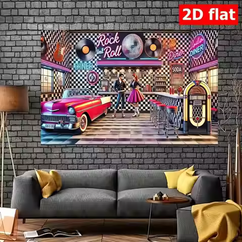 Retro Diner Tapestry, 50s Rock and Roll Wall Hanging, Vintage Car Bar Decor, Soda Shop Mural, Pin-up