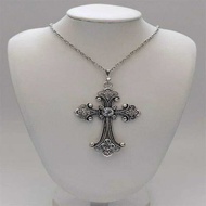 Large Detailed Rhinestone Cross Jewel Necklace Sier Color Tone Pendant Goth Punk Jewellery Fashion C