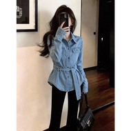 QFN | เสื้อเชิ้ตคอปกสไตล์วินเทจเกาหลีรัดเอว