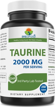 Brieofood Taurine 2000 mg per Serving- 250 Tablets - 3rd Party Lab Tested for Purity & Quality
