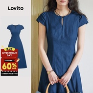 Lovito Elegant Dress Structure Line Pleated Button Spring/summer Navy Blue Dress for Women L138ED333