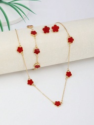 4pcs/Set 3-Leaf Clover 5-Petal Flower Necklace Bracelet Earring Jewelry Set, Versatile Lucky Chain N