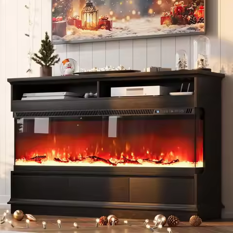Fireplace TV Stand with 50 Inch Fireplace,Tall Entertainment Center for 55 Inch TV with Open Storage