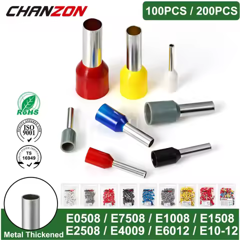 100/200Pcs E0508 E7508 E1008 E1508 E2508 Insulated Ferrule Tubular Terminal Kit Electrical Cable Wir