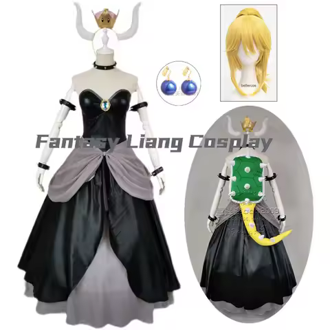 Bowsette Princess Bowser Peach Saber Lily Cosplay Costume Wig Dress Set with Horn and Turtle Shell H
