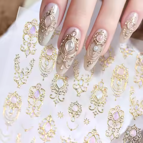 1pcs 5D Relief Gold Vintage Baroque Scepter Nail Decals Pink Diamond Necklace Nail Stickers 8*10cm A