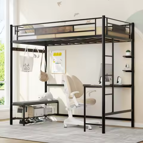 Twin size loft bed frame with storage. Easy to assemble. The slats are securely fastened to the meta