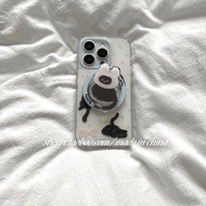 ช่องเก็บบัตรแมวสีดำรูปแมวสีขาวน่ารักแบบดูดซับแม่เหล็กพร้อมขาตั้งสำหรับเคสโทรศัพท์ Apple 17 pro Max i