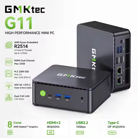 GMKtec G11 Mini PC AMD Ryzen Embedded R2514 Dual 2.5G LAN WiFi 6E Dual HDMI Type-C 4K DDR4 M.2 SSD W