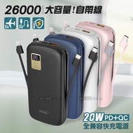 HANG 26000自帶快充雙線 PD+QC全兼容大容量 20W液晶顯示行動電源(櫻花粉)