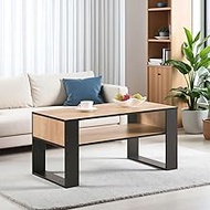 CENSI 36-Inch Coffee Table for Living Room, Modern Black and Oak Center Table with Open Storage Shel
