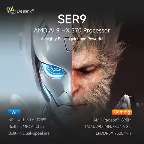 Beelink SER9 AMD Ryzen AI 9 HX370 Powerful AI PC DDR5 32GB 1TB PCIe4.0 NVMe SSD Wifi6 BT5.2 Desktop 
