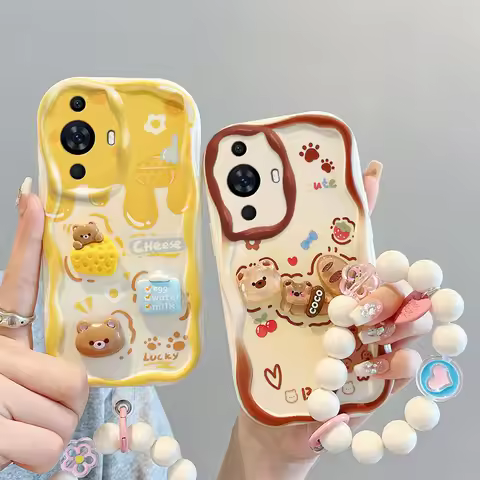 Cartoon Cute Bear Bracelet Phone Case For Huawei Nova 11 P Smart Z Y9s Nova Y70 Plus 5T 7i 6 8 9 10 