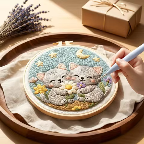DIY Punch Needle Kits Cute Animal Easy for Beginners Punch Needle Embroidery Set with Hoop Rug hooki
