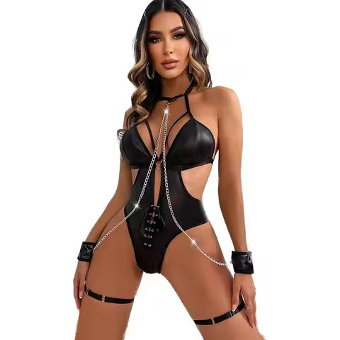 Black Faux Leather Bondage Bodysuit Strappy Fetish Catsuit Detachable Metal Handcuffs Tight BDSM Lin