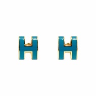 Hermes Pop H 立體簍空橢圓logo耳環-mini(牛仔藍/金)