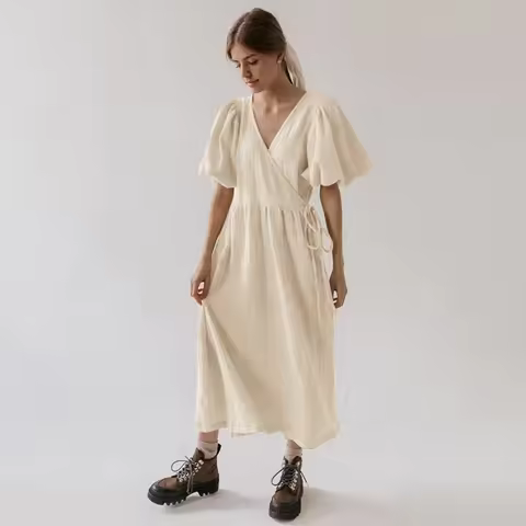 Vintage 100% Cotton Puff Sleeve Maxi Dress For Women Muslin Crepe Gauze V-Neck Bandage Lace Elegant 