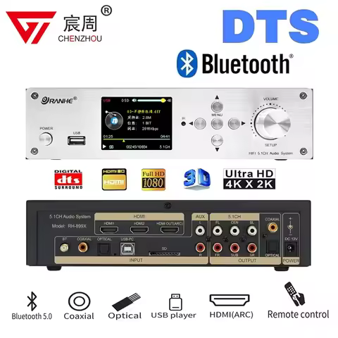5.1CH Audio Decoder Bluetooth 5.0 4K60Hz HD-MI 2.0 Switcher 2 In 1 Out ARC Converter PC-USB DAC DTS