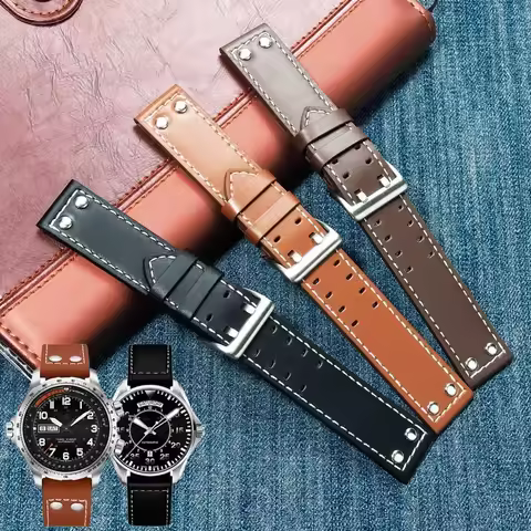20mm22mm Double Row Hole Leather Straps for Hamilton Seiko Watch Band Rivet Mens Military Pilot Khak