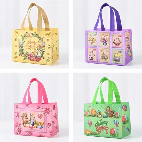 Easter Tote Gift Bags Creative Cartoon Rabbit Egg Basket Pattern Laminating Nonwoven Tote Bags Eco-F