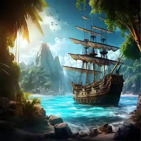 Pirate Ship Tapestry - Tropical Island Adventure, Vintage Sailing Boat & Ocean View, Fantasy Wall Ar
