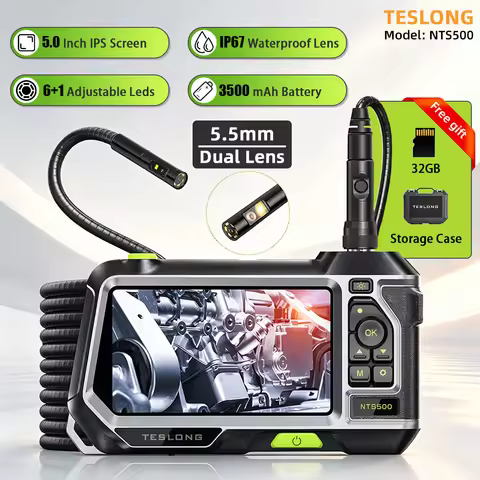 TESLONG NTS500 5.0" LCD Industrial Endoscope Camera Snake Tube 1080P 5.5mm Dual Lens Car Pipe Digita