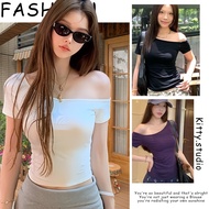 Kitty Women's Fashion T-Shirt One-Shoulder Short-Sleeved Tight-Fitting Shirt Plain Color Crop Top Se