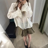 maje 2025Early Autumn Solid Color Single Row Pearl Button Accordion Pleat Flared Sleeve Car Pleat St