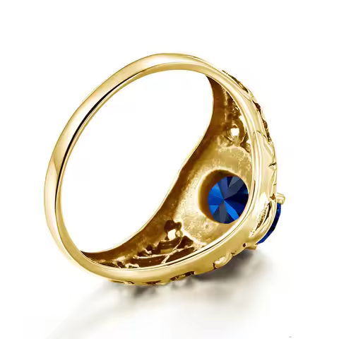 14K Gold Filled Blue Corundum Ring for Women Hollowed-out Pattern Finger Jewelry Non Fading Genuine 