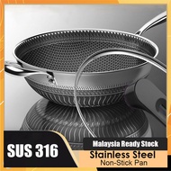 KATA Non-stick Wok 316 Stainless Steel Kuali Honey Comb Double Full Screen Pan No Coating Wok