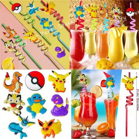 Pokemon Straw Birthday Party Decor Pokemon Cartoon Reusable Drinking Straw Baby Shower Pokemon Birth