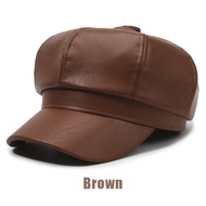 Topi Baret Beret Oktagonal Bahan Kulit Pu Gaya Korea Retro untuk Wanita