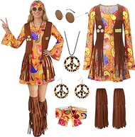 TOLOYE 70s Fancy Dress Women's Hippie Costume Outfit with Fringe Vest Boho Headband Necklace Set 60s