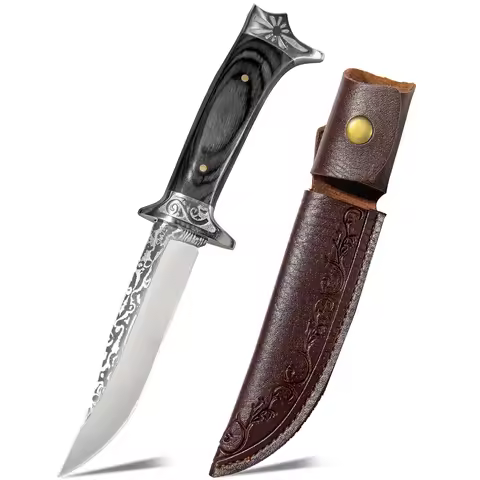 Fixed Blade Hunting Knife with Leather Sheath Wood Handle Outdoor Camping Utility Knife Bowie Style 