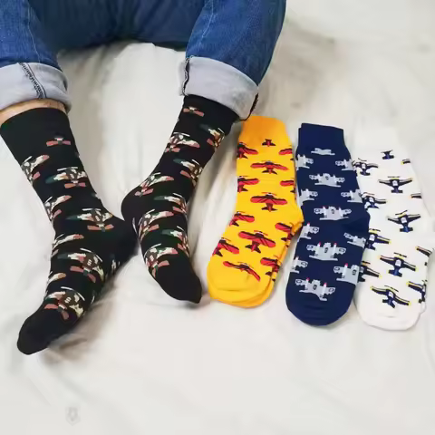 Funny Airplane Aircrafts Cotton Men Crew Sock Funky Crew Socks Gift Pilot Men Husband Cute Street So