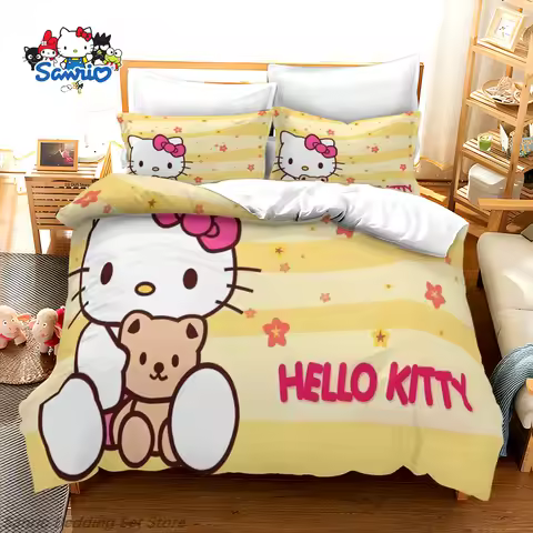 Sanrio Hello Kitty Bedding Set Kawaii Anime Hello Kitty Duvet Cover with 2 Pillowcases for Girls Kid
