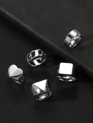5pcs Stainless Steel Men's Ring Set, Includes Heart, Square, Triangle, Twist Elements, Suitable For 