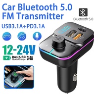 Car Bluetooth 5.0 FM Transmitter USB3.1A+PD3.1A Dual Fast Car Charger Voltage Display & Colorful Lig