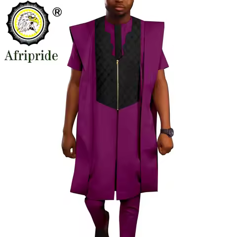 African Suits for Men Agbada Robe Short Sleeve Tops and Pants 3 Piece Set Dashiki Clothes Kaftan for