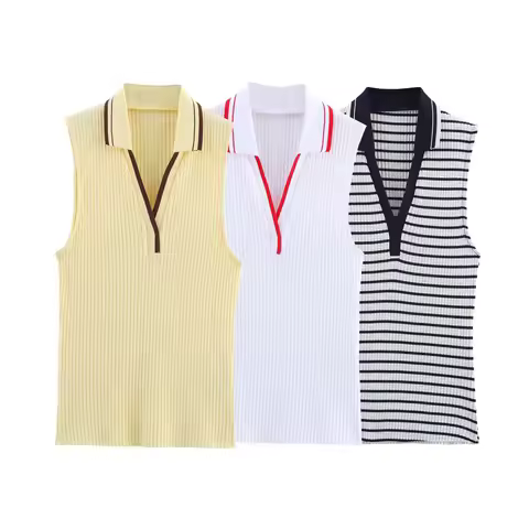 Summer New Fashion Style Ribbed Sleeveless Polo Collar T-shirt Sports Style Polo Shirt Vest Top Wome