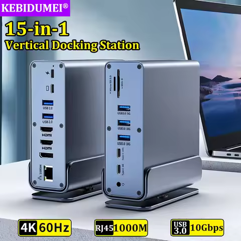 15 in 1 Vertical Docking Station USB C Docking Station USB C HUB with Triple Monitor HDMI 4K60Hz/RJ4