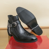 Men's Black Leather Chelsea Boots, Western Buckle & Chain Detail, Block Heel Ankle Boots Chelsea Boo