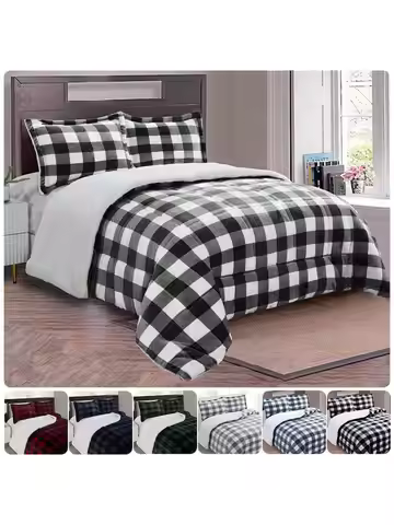 Elegant Comfort Ultra Soft 3pcs Lodge Buffalo Plaid Checkered Microsuede Fleece Reversible Sherpa Co