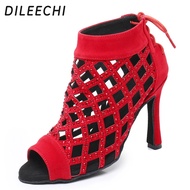 【In-Stock】 Dileechi Women Latin Dance Boots Red Velvet Rhinestones Wedding Party Salsa Dance Shoes High Wide Heel 10cm Soft Outsole