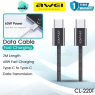Awei CL-220 Data Cable 60W Fast Charging Cable PD 60W Cable Type-C 2M Length Awei CL-220T Mobile Kab