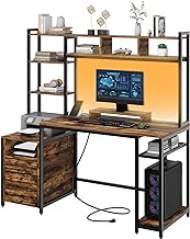 Computer Desk with Shelves and 2 Drawers, 59" Rustic Brown Office Desk with Hutch Removable Monitor Stand, Gaming Desk with LED Lights Power Outlets for Gaming Office Study Writing Laptop Workstation