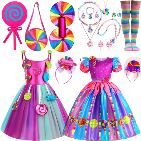 2025 Purim Festival Suspender Rainbow Dress For Girl Candy Lollipop Costume Party Gift Candy Dress +